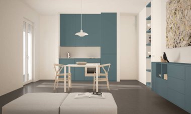 Minimalist modern parlak mutfak yemek masası ve sandalyeleri, büyük pencereler, beyaz ve mavi mimari iç tasarım