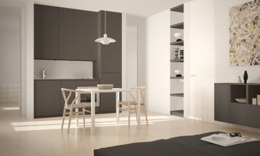 Minimalist modern parlak mutfak yemek masası ve sandalyeleri, büyük pencereler, beyaz ve gri mimari iç tasarım
