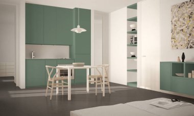 Minimalist modern parlak mutfak yemek masası ve sandalyeleri, büyük pencereler, beyaz ve yeşil mimari iç tasarım