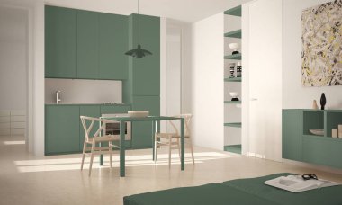 Minimalist modern parlak mutfak yemek masası ve sandalyeleri, büyük pencereler, beyaz ve yeşil mimari iç tasarım