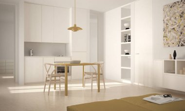 Minimalist modern parlak mutfak yemek masası ve sandalyeleri, büyük pencereler, beyaz ve sarı mimari iç tasarım