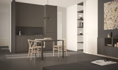 Minimalist modern parlak mutfak yemek masası ve sandalyeleri, büyük pencereler, beyaz ve gri mimari iç tasarım