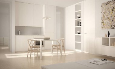 Minimalist modern parlak mutfak yemek masası ve sandalyeler, büyük pencereler, beyaz mimari iç tasarım