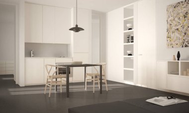 Minimalist modern parlak mutfak yemek masası ve sandalyeleri, büyük pencereler, beyaz ve gri mimari iç tasarım