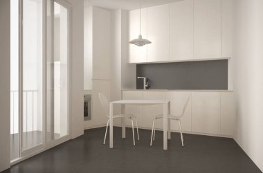 Büyük pencere ve yemek ile minimalist modern mutfak masa sandalye ile beyaz ve gri mimari iç tasarım