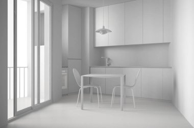 Büyük pencere ile minimalist modern mutfak ve yemek masası sandalyeler, beyaz mimari iç tasarım ile toplam beyaz projesi