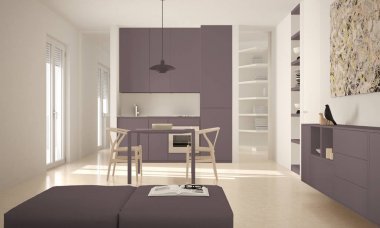 Minimalist modern parlak mutfak yemek masası ve sandalyeleri, büyük pencereler, beyaz ve kırmızı mimari iç tasarım