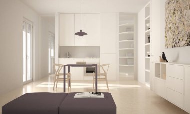 Minimalist modern parlak mutfak yemek masası ve sandalyeleri, büyük pencereler, beyaz ve kırmızı mimari iç tasarım