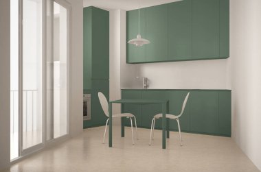 Büyük pencere ve yemek ile minimalist modern mutfak masa sandalye ile beyaz ve yeşil mimari iç tasarım