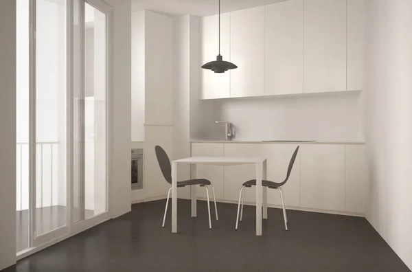 Cocina moderna minimalista con ventana grande y mesa de comedor con sillas, diseño interior de arquitectura blanca y gris — Foto de Stock
