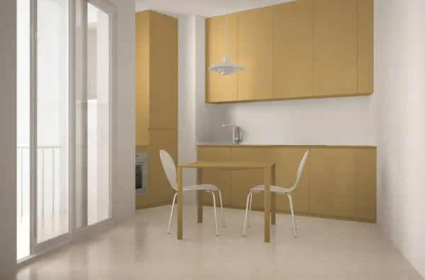 Μινιμαλιστική μοντέρνα κουζίνα με μεγάλο παράθυρο και τραπεζαρία τραπέζι με καρέκλες, λευκό και κίτρινο αρχιτεκτονική εσωτερικού σχεδιασμού — Φωτογραφία Αρχείου