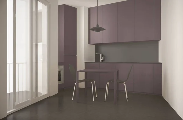 Cocina moderna minimalista con ventana grande y mesa de comedor con sillas, diseño interior de arquitectura gris y roja — Foto de Stock