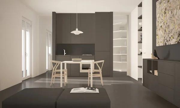 Moderna cucina luminosa minimalista con tavolo da pranzo e sedie, grandi finestre, architettura bianca e grigia interior design — Foto Stock