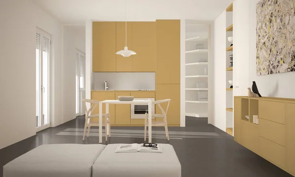 Minimalista moderna cozinha brilhante com mesa de jantar e cadeiras, janelas grandes, arquitetura branca e amarela design de interiores — Fotografia de Stock