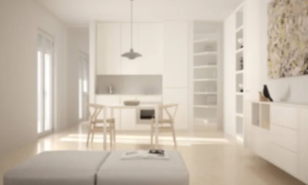 Sfocatura di sfondo interior design, minimalista moderna cucina luminosa con tavolo da pranzo e sedie, grandi finestre, architettura bianca — Foto Stock