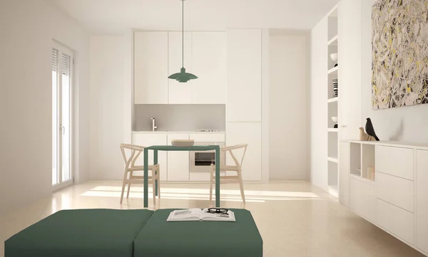 Minimalista moderna cozinha brilhante com mesa de jantar e cadeiras, janelas grandes, arquitetura branca e verde design de interiores — Fotografia de Stock