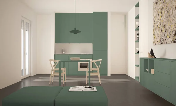 Minimalista moderna cozinha brilhante com mesa de jantar e cadeiras, janelas grandes, arquitetura branca e verde design de interiores — Fotografia de Stock