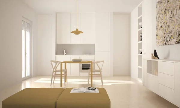 Minimalista moderna cozinha brilhante com mesa de jantar e cadeiras, janelas grandes, arquitetura branca e amarela design de interiores — Fotografia de Stock