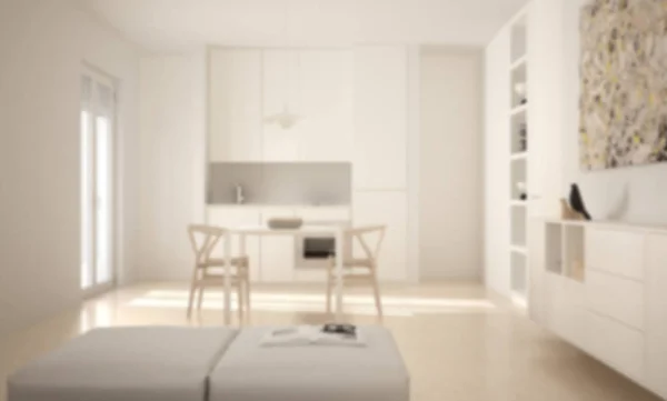 Sfocatura di sfondo interior design, minimalista moderna cucina luminosa con tavolo da pranzo e sedie, grandi finestre, architettura bianca — Foto Stock