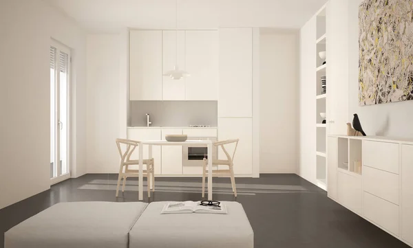 Minimalistisk modernt ljust kök med matbord och stolar, stora fönster, vita och grå arkitektur inredning — Stockfoto