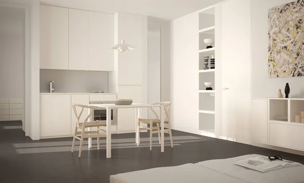 Minimalistisk modernt ljust kök med matbord och stolar, stora fönster, vita och grå arkitektur inredning — Stockfoto