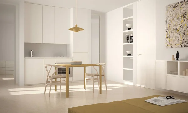 Moderna cucina luminosa minimalista con tavolo da pranzo e sedie, grandi finestre, architettura bianca e gialla interior design — Foto Stock