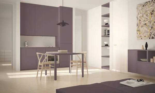 Minimalistisk modernt ljust kök med matbord och stolar, stora fönster, vita och röda arkitektur inredning — Stockfoto