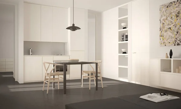 Минималистская современная светлая кухня со столом и стульями, большие окна, белый и серый дизайн интерьера архитектуры — стоковое фото