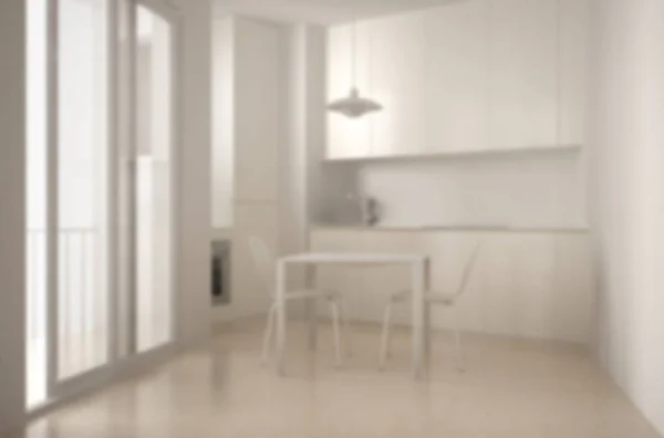 Blur fundo design de interiores, cozinha moderna minimalista com grande janela e mesa de jantar com cadeiras, arquitetura branca — Fotografia de Stock