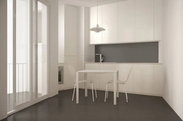Cozinha moderna minimalista com grande janela e mesa de jantar com cadeiras, arquitetura branca e cinza design de interiores — Fotografia de Stock