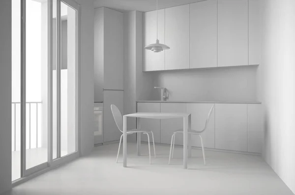 Projeto branco total de cozinha moderna minimalista com grande janela e mesa de jantar com cadeiras, arquitetura branca design de interiores — Fotografia de Stock