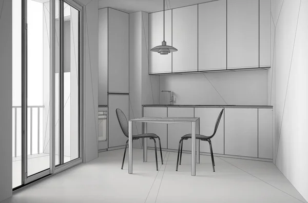 Projeto inacabado de cozinha moderna minimalista com grande janela e mesa de jantar com cadeiras, arquitetura branca design de interiores — Fotografia de Stock
