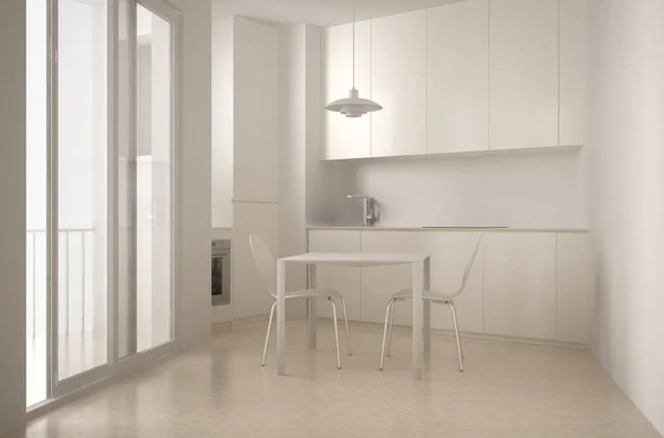 Cocina moderna minimalista con ventana grande y mesa de comedor con sillas, diseño interior de arquitectura blanca — Foto de Stock