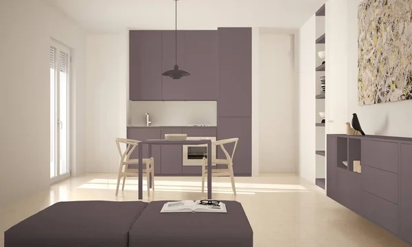 明るいシンプルなキッチンにはダイニング テーブルと椅子、大きな窓、白と赤の建築インテリア デザイン — ストック写真