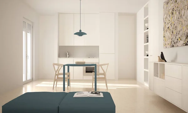 Cozinha moderna minimalista brilhante com mesa de jantar e cadeiras, janelas grandes, arquitetura branca e azul design de interiores — Fotografia de Stock