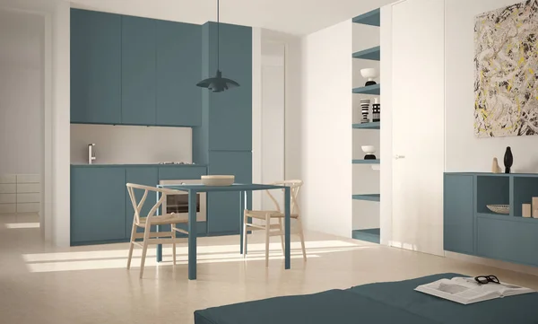 Minimalistische moderne lichte keuken met eettafel en stoelen, grote ramen, witte en blauwe architectuur interieur — Stockfoto