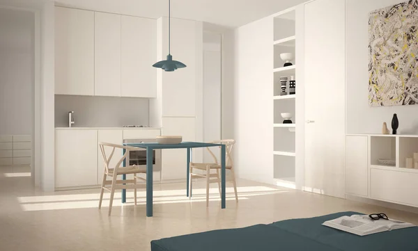 Минималистская современная светлая кухня со столом и стульями, большие окна, белый и синий дизайн интерьера архитектуры — стоковое фото