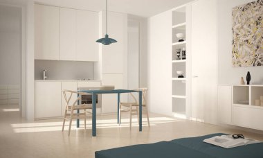 Minimalist modern parlak mutfak yemek masası ve sandalyeleri, büyük pencereler, beyaz ve mavi mimari iç tasarım