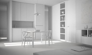 Toplam beyaz proje, minimalist modern parlak mutfak yemek masası ve sandalyeler, mimari iç tasarım