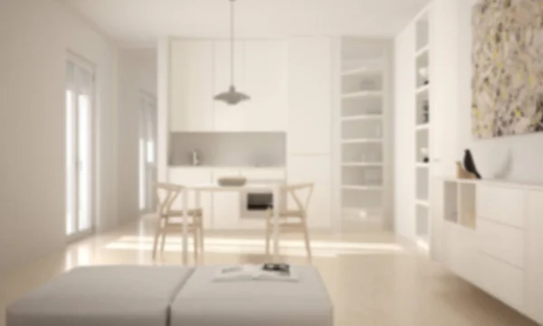 Blur design de interiores fundo, cozinha moderna minimalista brilhante com mesa de jantar e cadeiras, janelas grandes, arquitetura branca — Fotografia de Stock