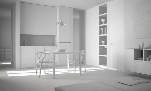 Projet total blanc, cuisine lumineuse moderne minimaliste avec table et chaises, architecture design d'intérieur — Photo