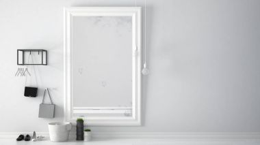 İskandinav giriş lobi salonu ile ayna, minimalist beyaz iç tasarım