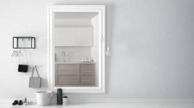 İskandinav giriş lobi salonu ile parlak Ahşap mutfak lavabo, minimalist beyaz iç tasarım ile yansıtan ayna