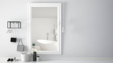 İskandinav giriş lobi salonu ile parlak banyo küvet, minimalist beyaz iç tasarım ile yansıtan ayna