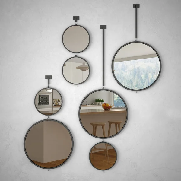 Round mirrors hanging on the wall reflecting interior design scene, minimalist white kitchen, modern architecture