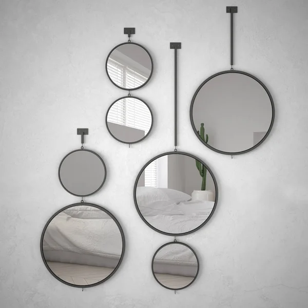 Round mirrors hanging on the wall reflecting interior design scene, minimalist white bedroom, modern architecture