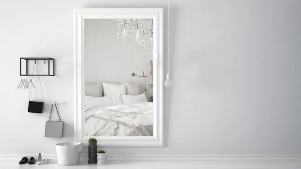 Skandinavische Eingangshalle mit Spiegel, der helles Schlafzimmer mit Bett- und Deckenlampen reflektiert, minimalistisches weißes Interieur — Stockfoto