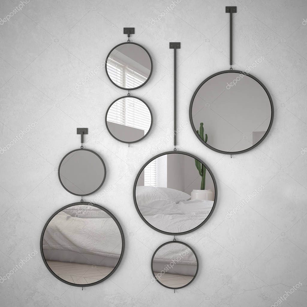 Bedroom picture hanging ideas Round mirrors hanging on the wall reflecting interior design
