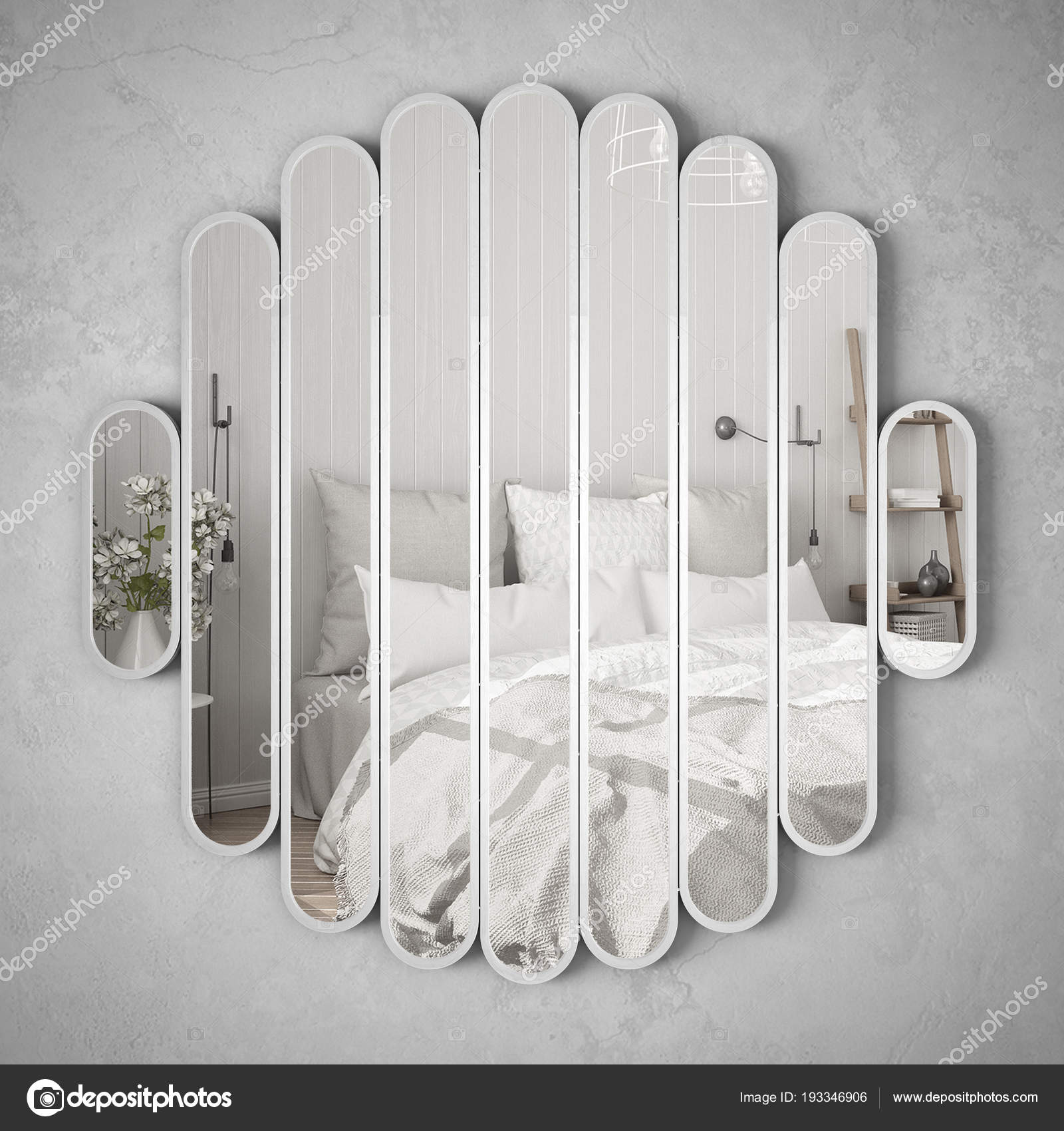 Modern mirror hanging on the wall reflecting interior design scene