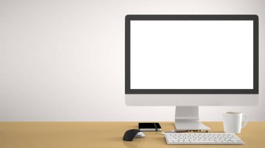 Masaüstü mockup, şablon, sarı pantone renkli çalışma masası boş ekran, klavye fare ve kalemler ve kurşun kalemler, beyaz arka plan ile not etmek üstünde bilgisayar
